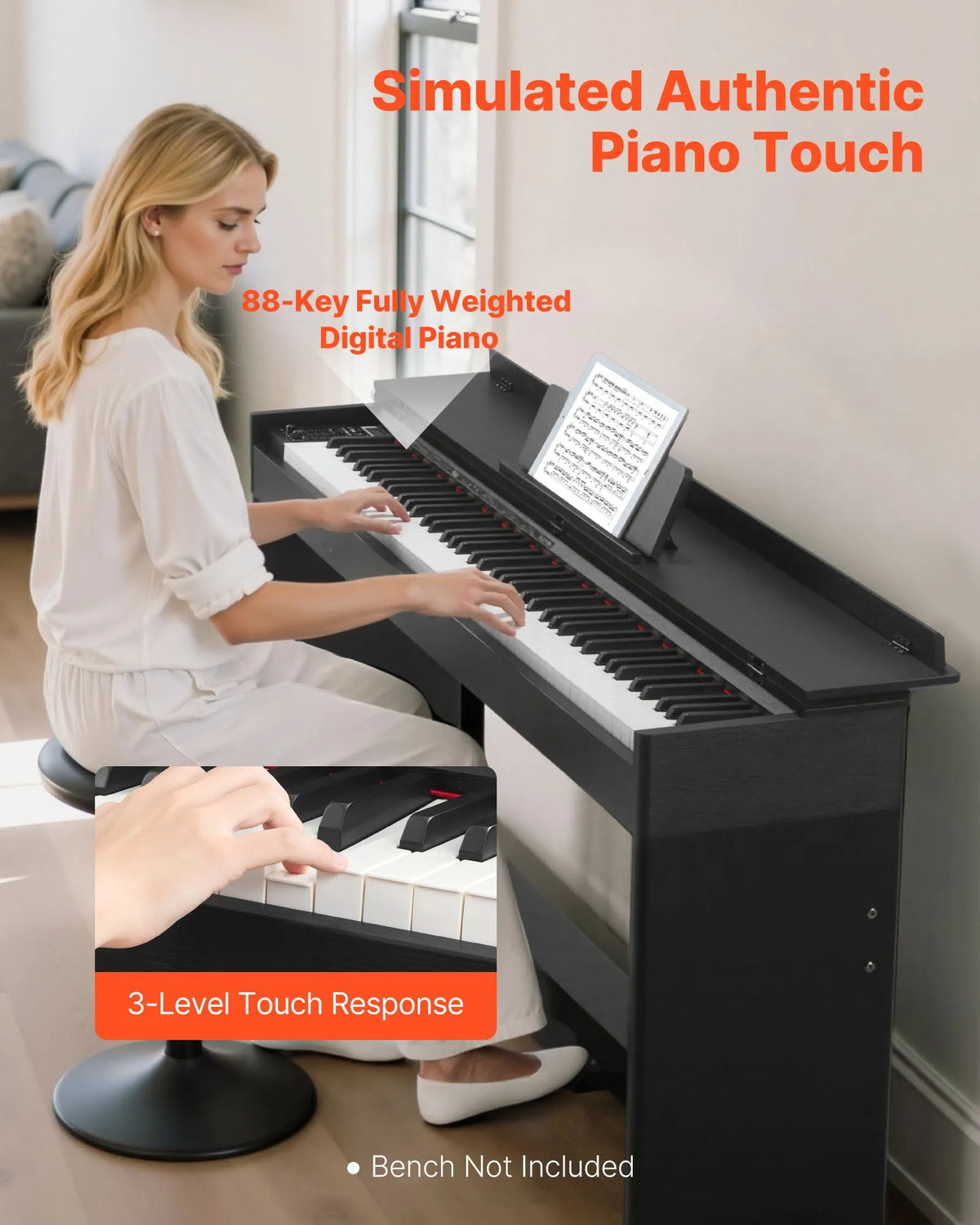 VEVOR Digital Piano 88 Weighted Keys with Stand, Triple Pedals, Headphones and 680 Tones