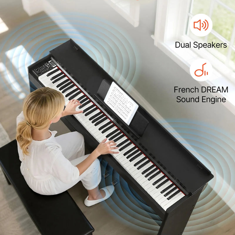 VEVOR digitālās klavieres ar 88 pilnsvara taustiņiem, statīvu, trīspedāli, barošanas adapteri un austiņām, 680 toņi, bezvadu savienojums, iesācējiem