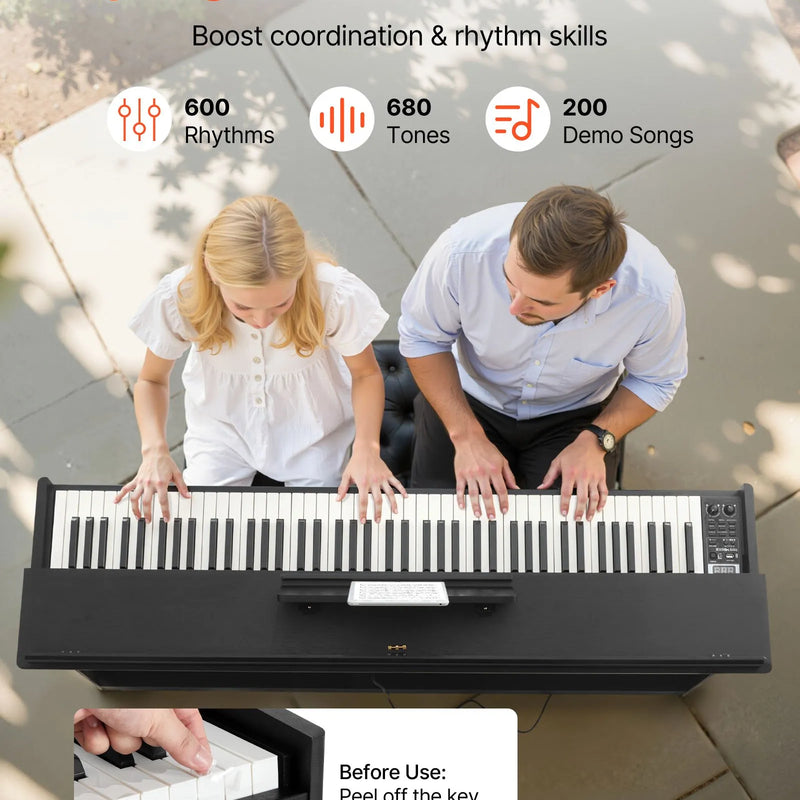 VEVOR digitālās klavieres ar 88 pilnsvara taustiņiem, statīvu, trīspedāli, barošanas adapteri un austiņām, 680 toņi, bezvadu savienojums, iesācējiem