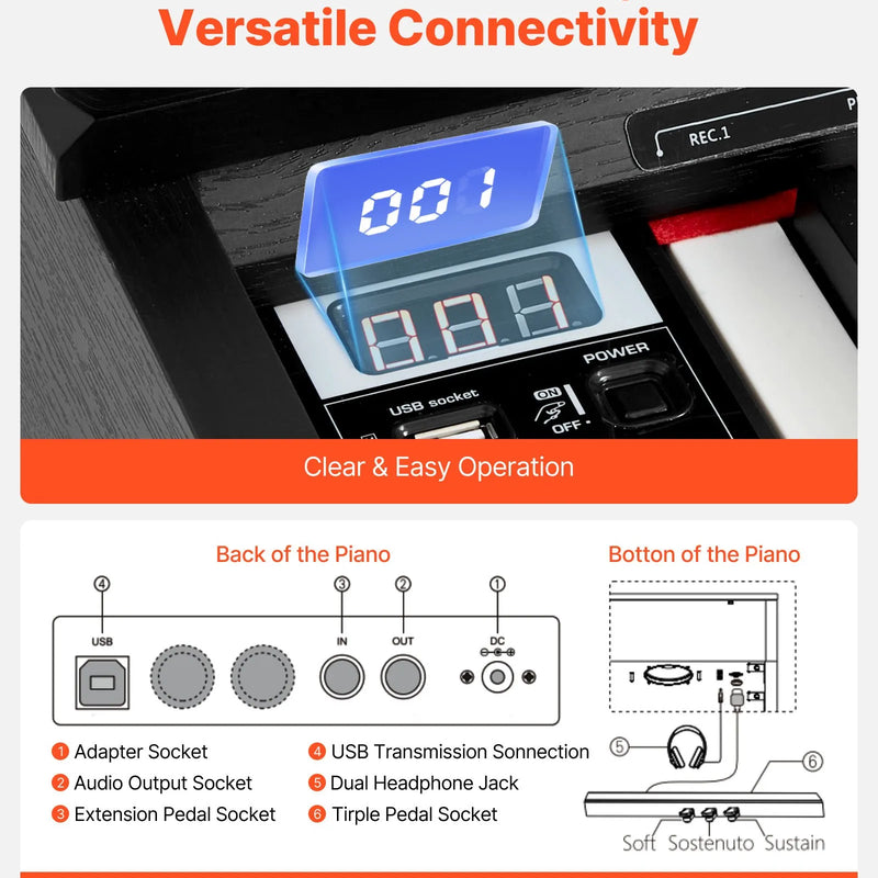 VEVOR digitālās klavieres ar 88 pilnsvara taustiņiem, statīvu, trīspedāli, barošanas adapteri un austiņām, 680 toņi, bezvadu savienojums, iesācējiem