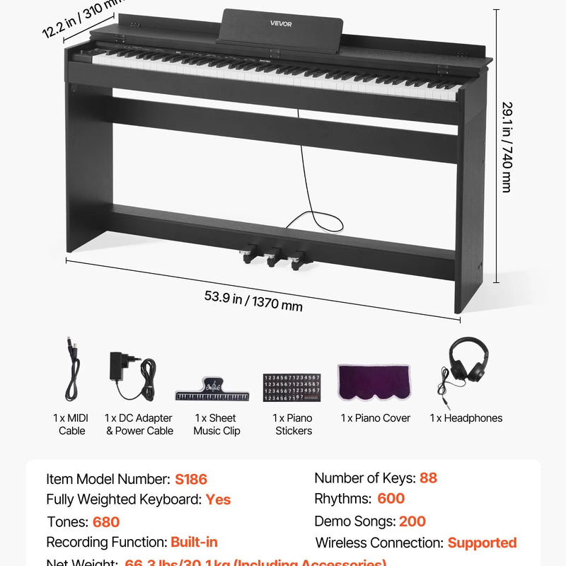 VEVOR digitālās klavieres ar 88 pilnsvara taustiņiem, statīvu, trīspedāli, barošanas adapteri un austiņām, 680 toņi, bezvadu savienojums, iesācējiem