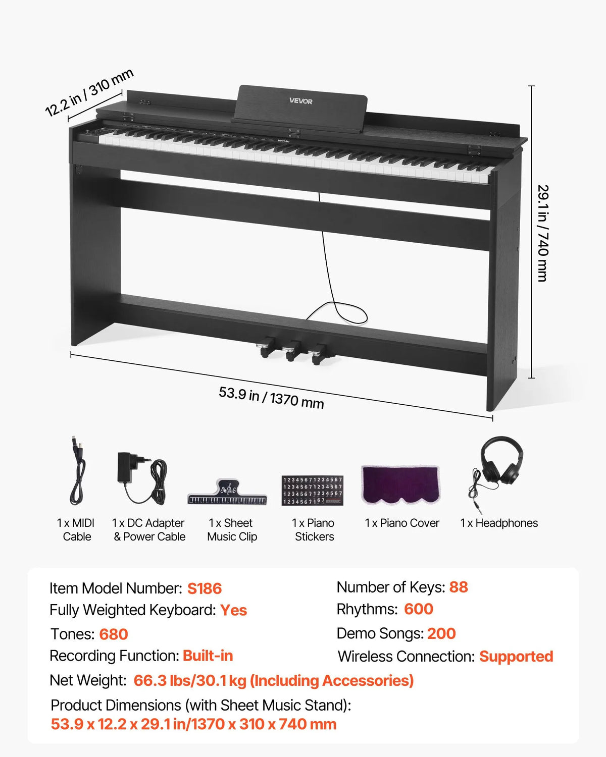 VEVOR Digital Piano 88 Weighted Keys with Stand, Triple Pedals, Headphones and 680 Tones