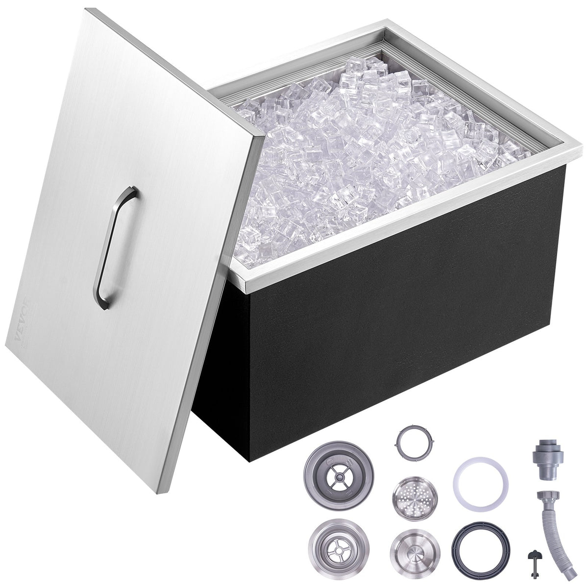 VEVOR Built-in Ice Bin 50.8 × 35.6 × 30.5 cm, 38 l, Stainless Steel, with Lid and Drain, Outdoor Kitchen