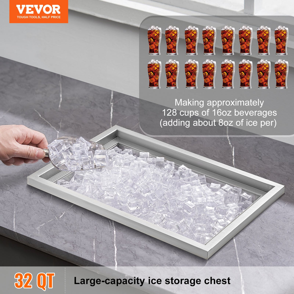 VEVOR Built-in Ice Bin 50.8 × 35.6 × 30.5 cm, 38 l, Stainless Steel, with Lid and Drain, Outdoor Kitchen