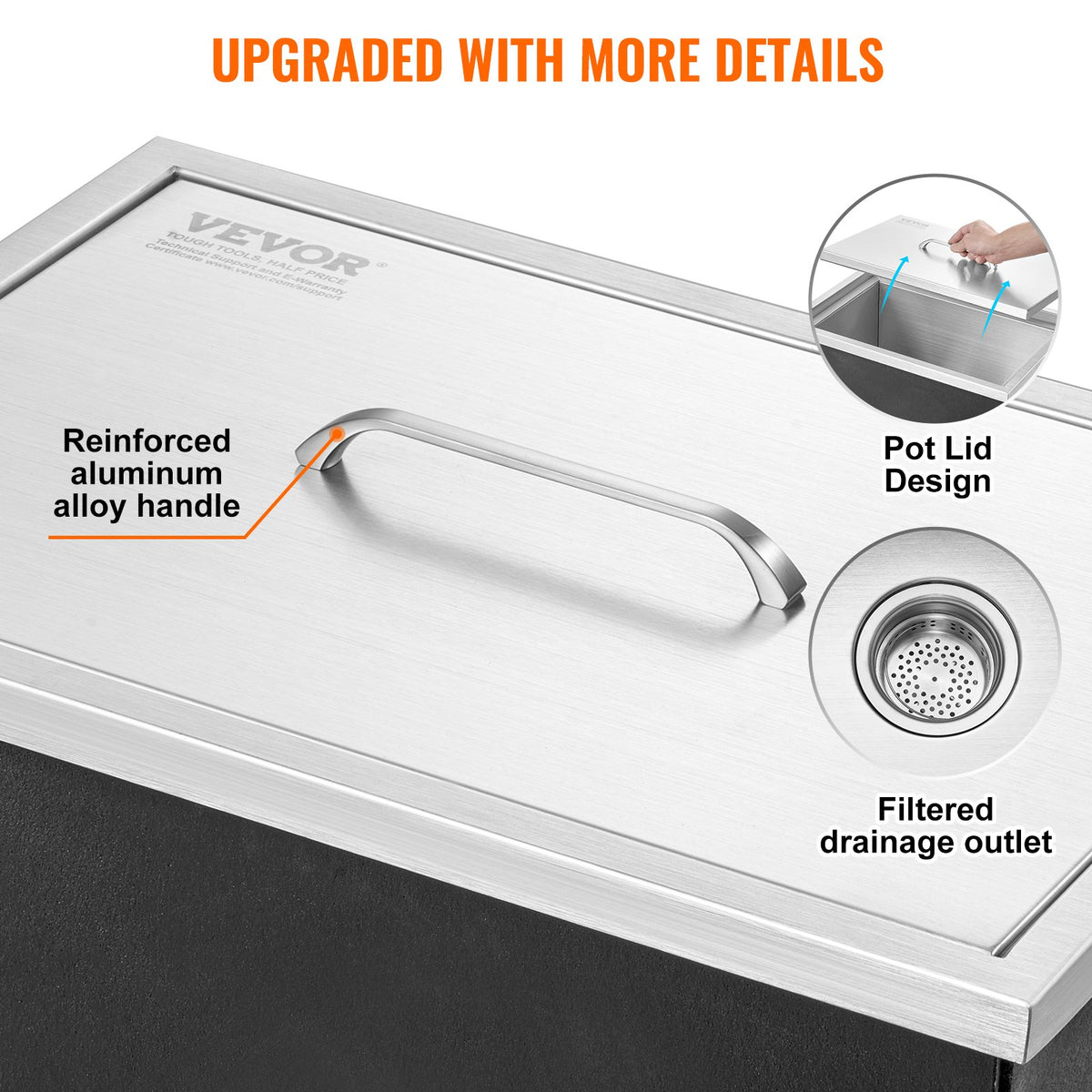 VEVOR Built-in Ice Bin 50.8 × 35.6 × 30.5 cm, 38 l, Stainless Steel, with Lid and Drain, Outdoor Kitchen