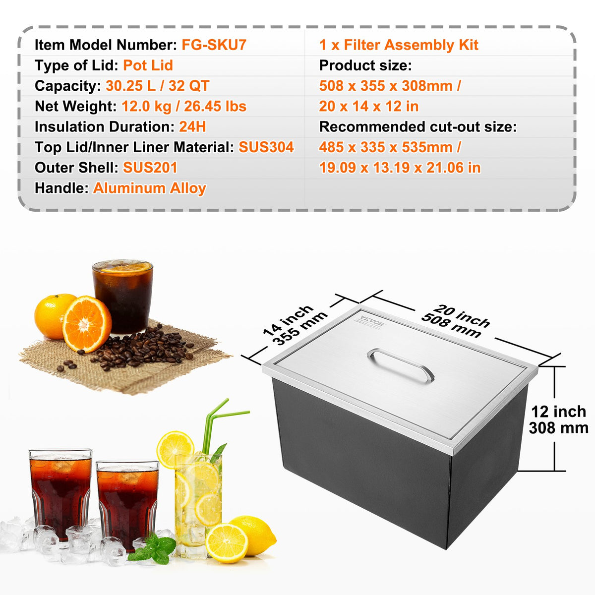 VEVOR Built-in Ice Bin 50.8 × 35.6 × 30.5 cm, 38 l, Stainless Steel, with Lid and Drain, Outdoor Kitchen