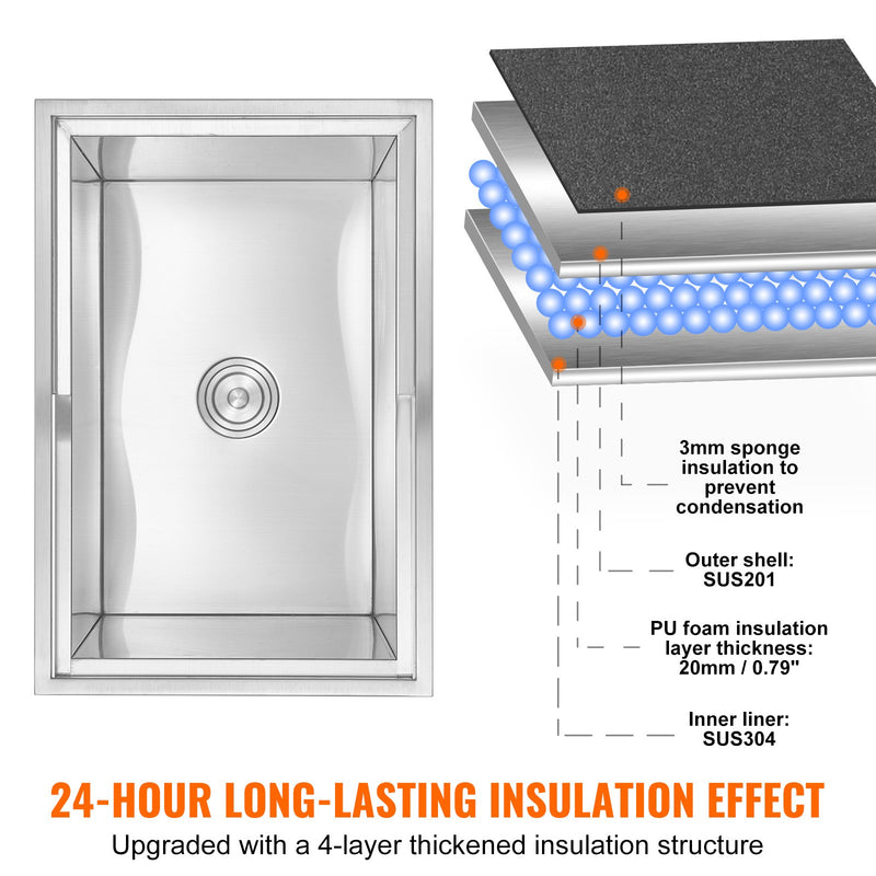 VEVOR 686 x 457 x 533 mm nerūsējošā tērauda ledus kaste ar vāku