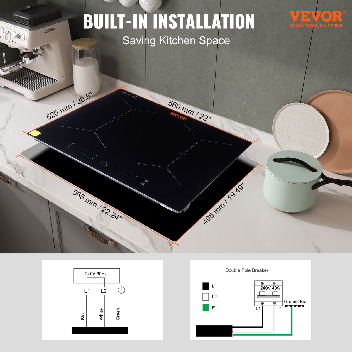 VEVOR 61 cm Electric Cooker, 4 Burners, Ceramic Glass Surface, Touch Control