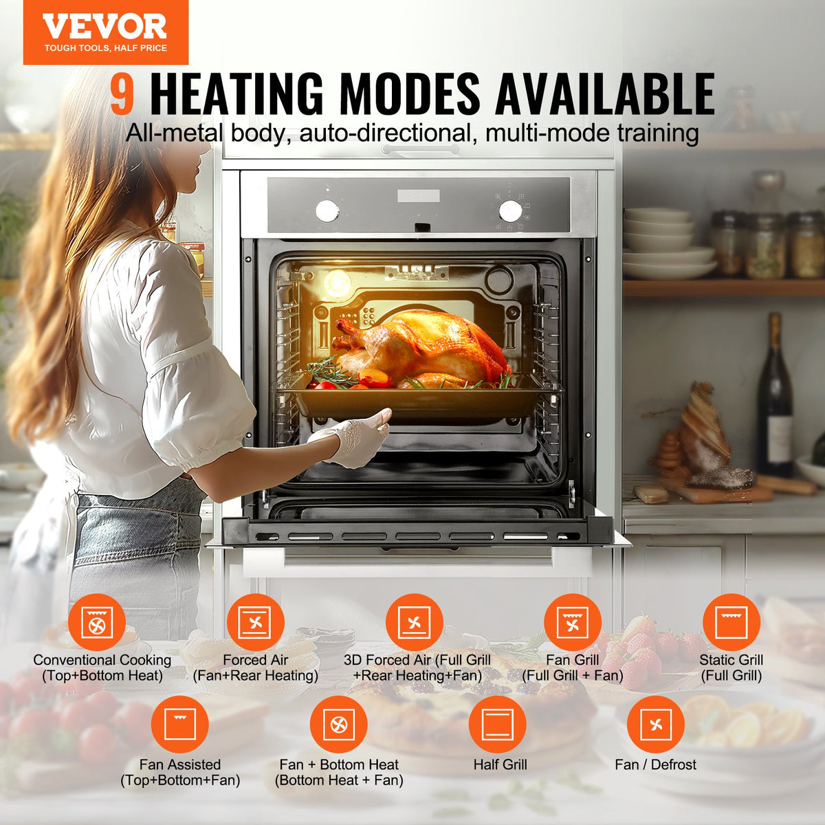 VEVOR Built-in Electric Oven 60 cm, 76 l, 9 Functions