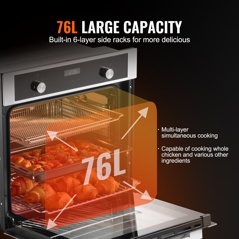 VEVOR iebūvējama elektriskā cepeškrāsns, 60 cm, 76 L, 9 funkcijas