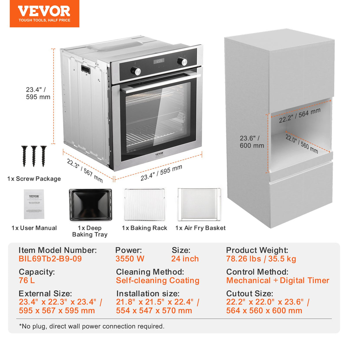 VEVOR Built-in Electric Oven 60 cm, 76 l, 9 Functions