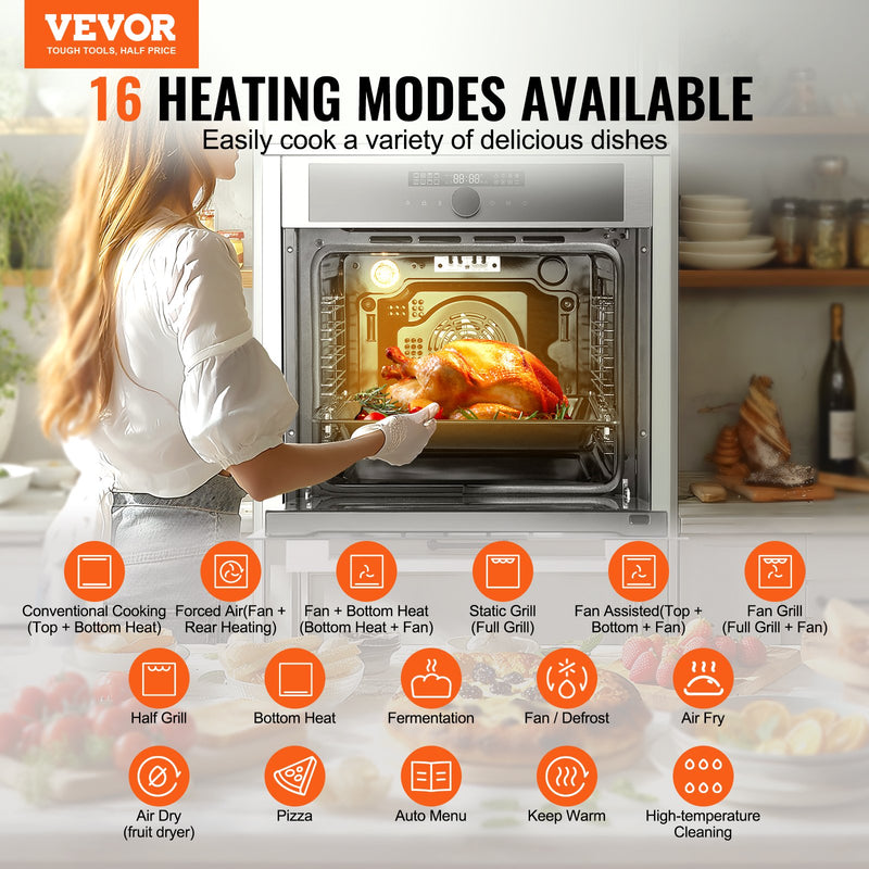 VEVOR iebūvējamā elektriskā cepeškrāsns, 60 cm, 16 funkcijas, 76 litru tilpums