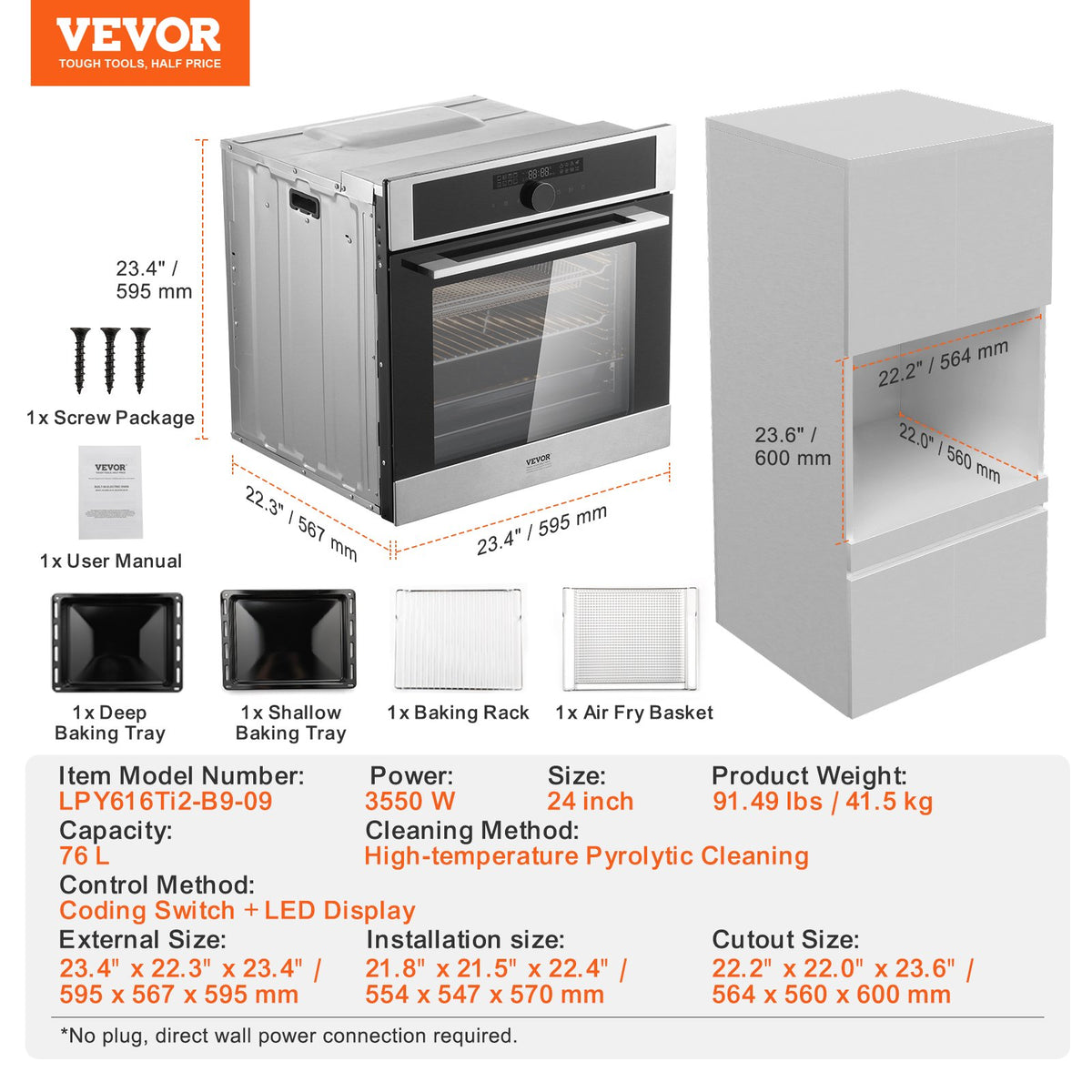 VEVOR Built-in Electric Oven 60 cm, 76 l, 16 Functions