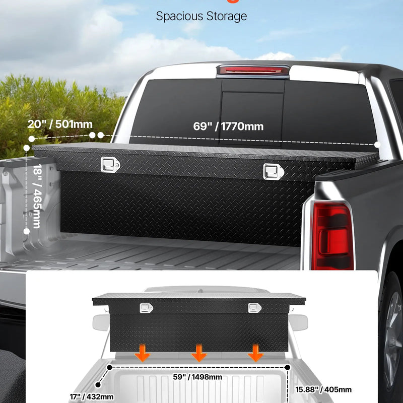 VEVOR alumīnija kravas auto šķērskaste ar dimanta rakstu, 1753×508×457 mm, ūdensizturīga instrumentu un aprīkojuma uzglabāšanas kaste ar slēdzeni un sānu rokturiem, melna