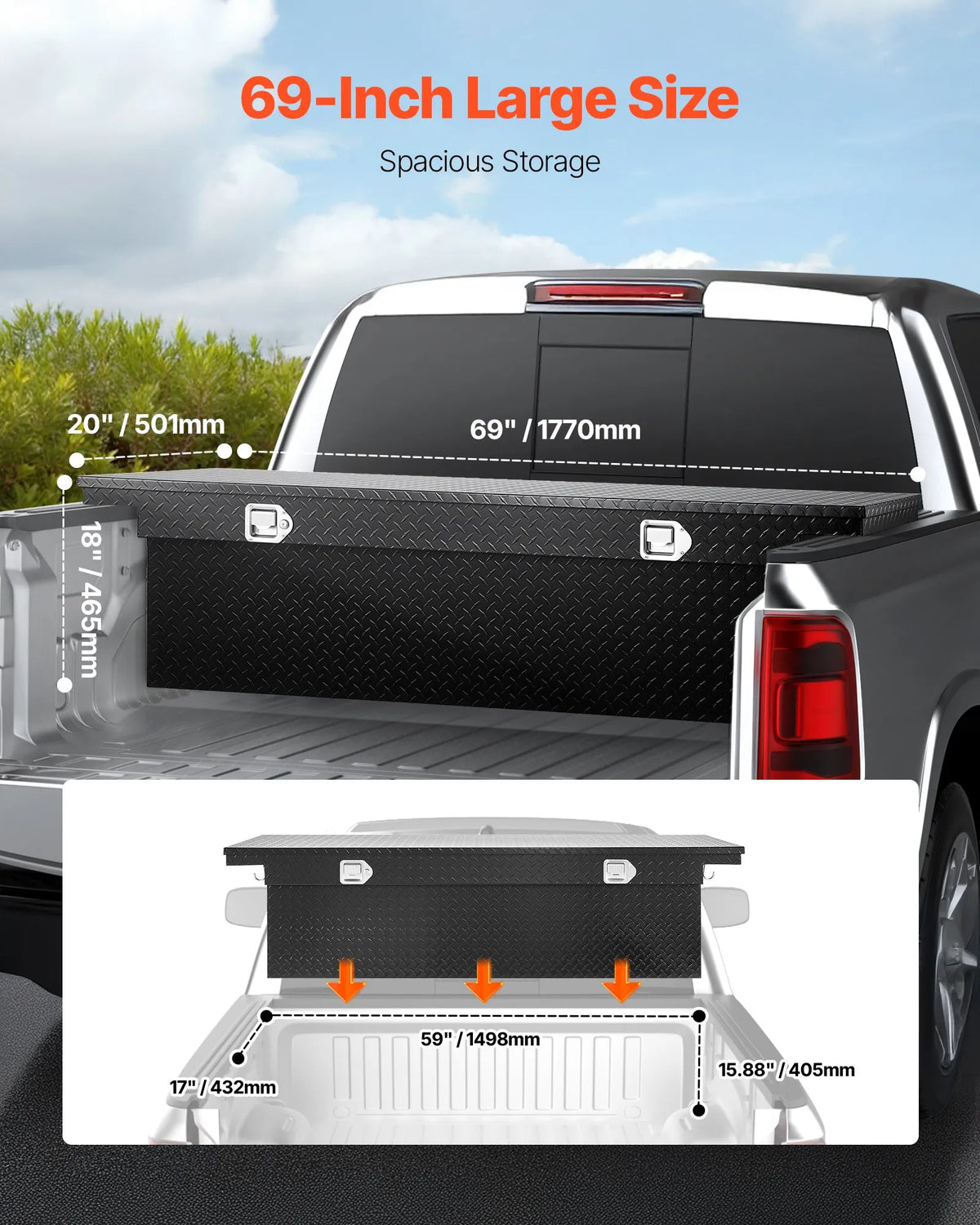 VEVOR Aluminium Truck Tool Box with Diamond Plate Pattern, 1753×508×457 mm, Waterproof Storage Box with Lock and Side Handles, Black