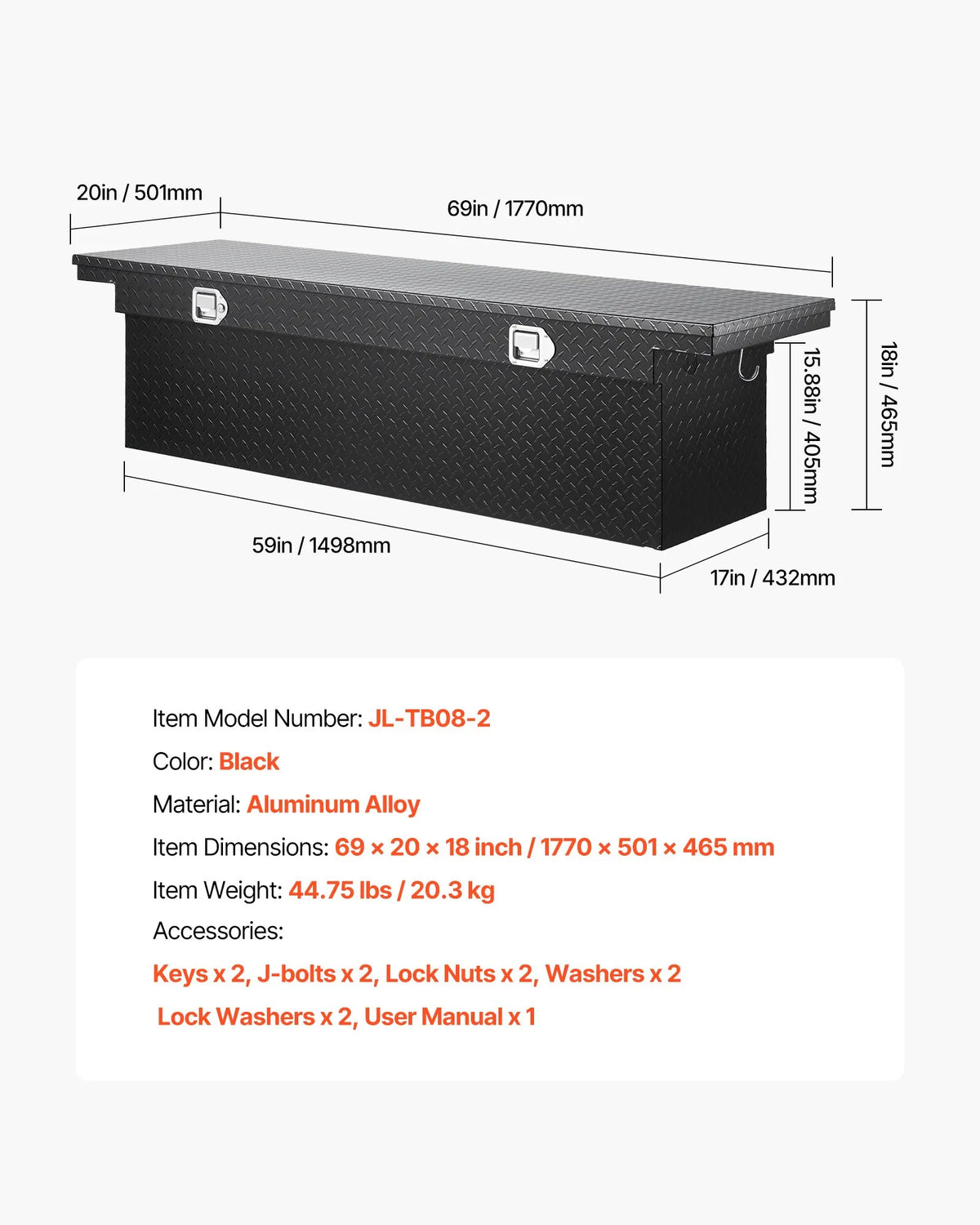 VEVOR Aluminium Truck Tool Box with Diamond Plate Pattern, 1753×508×457 mm, Waterproof Storage Box with Lock and Side Handles, Black