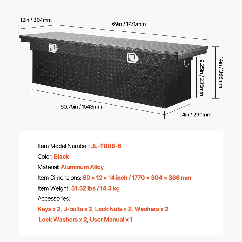 VEVOR alumīnija kravas auto šķērssijas instrumentu kaste, 69 × 12 × 14 cm, dimanta raksts, ūdensizturīga kaste ar sānu rokturiem, slēdzeni un atslēgām, piemērota pikapiem, treileriem un kemperiem, melna