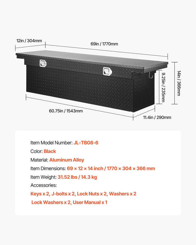 VEVOR alumīnija kravas auto šķērssijas instrumentu kaste, 69 × 12 × 14 cm, dimanta raksts, ūdensizturīga kaste ar sānu rokturiem, slēdzeni un atslēgām, piemērota pikapiem, treileriem un kemperiem, melna