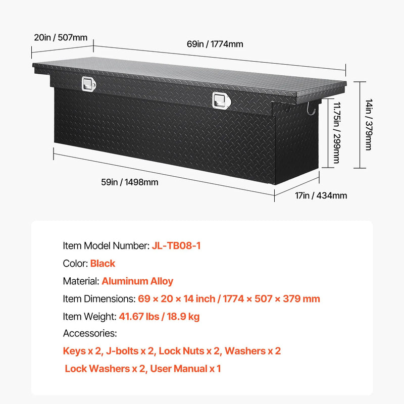 VEVOR kravas automašīnas alumīnija instrumentu kaste, 175,26×50,8×35,56 cm, ar dimanta faktūru, ūdensizturīgu slēdzeni, atslēgām un sānu rokturiem, melna