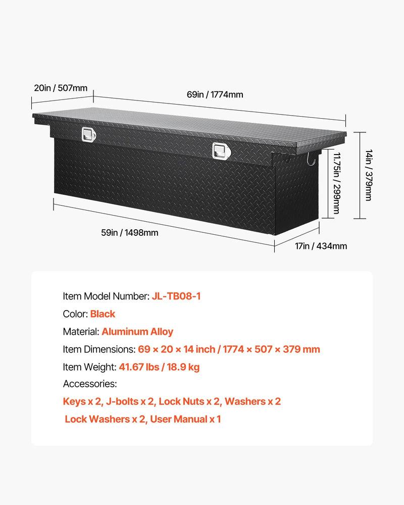 VEVOR kravas automašīnas alumīnija instrumentu kaste, 175,26×50,8×35,56 cm, ar dimanta faktūru, ūdensizturīgu slēdzeni, atslēgām un sānu rokturiem, melna