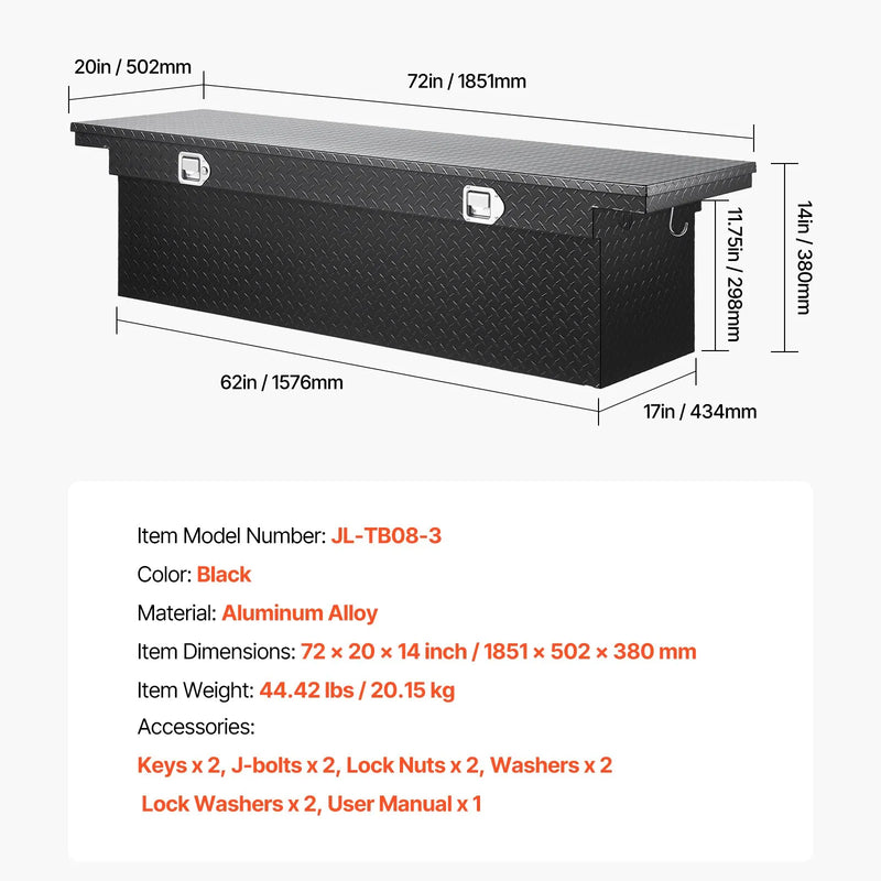 VEVOR kravas automašīnas šķērssija alumīnija instrumentu kaste, 182,88×50,8×35,56 cm ar dimanta faktūru, ūdensizturīga uzglabāšanas kaste ar slēdzeni, atslēgām un sānu rokturiem, melna