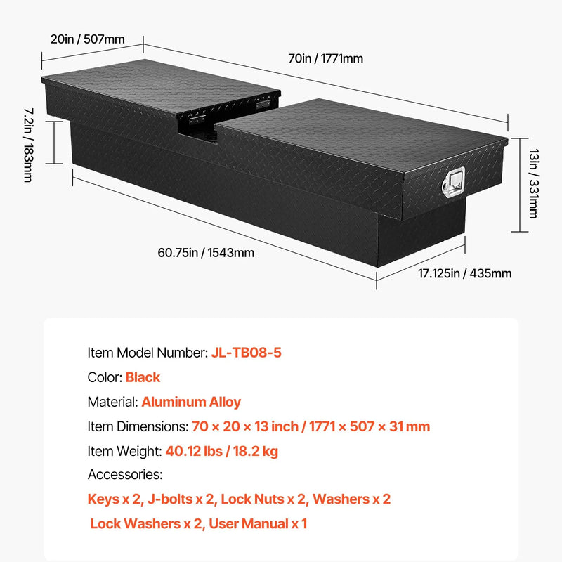 VEVOR kravas automašīnas šķērssija alumīnija instrumentu kaste, 177,8×50,8×33,02 cm ar dimanta faktūru, ūdensizturīga uzglabāšanas kaste ar slēdzeni, atslēgām un sānu rokturiem, melna