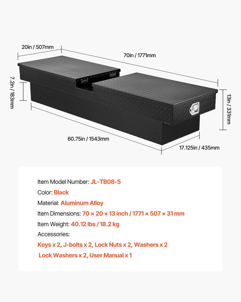 VEVOR kravas automašīnas šķērssija alumīnija instrumentu kaste, 177,8×50,8×33,02 cm ar dimanta faktūru, ūdensizturīga uzglabāšanas kaste ar slēdzeni, atslēgām un sānu rokturiem, melna