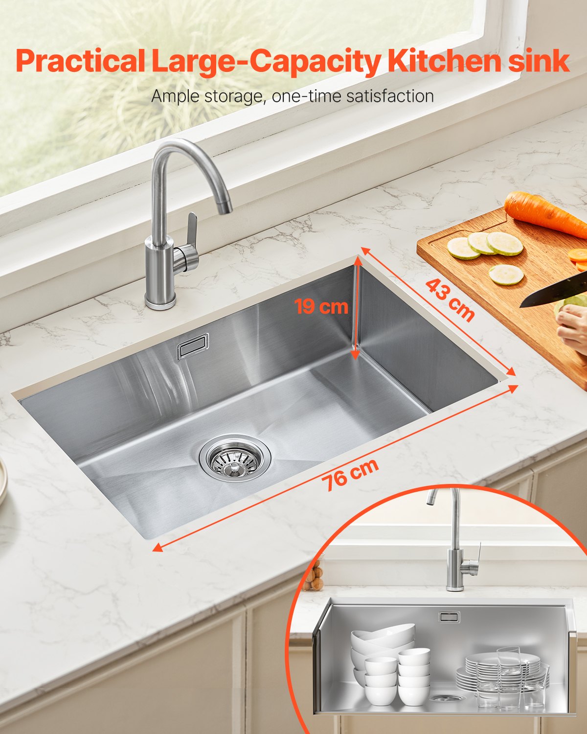 VEVOR Stainless Steel Kitchen Sink 76 cm, Single Bowl, Undermount or Top Mount, Bar Style