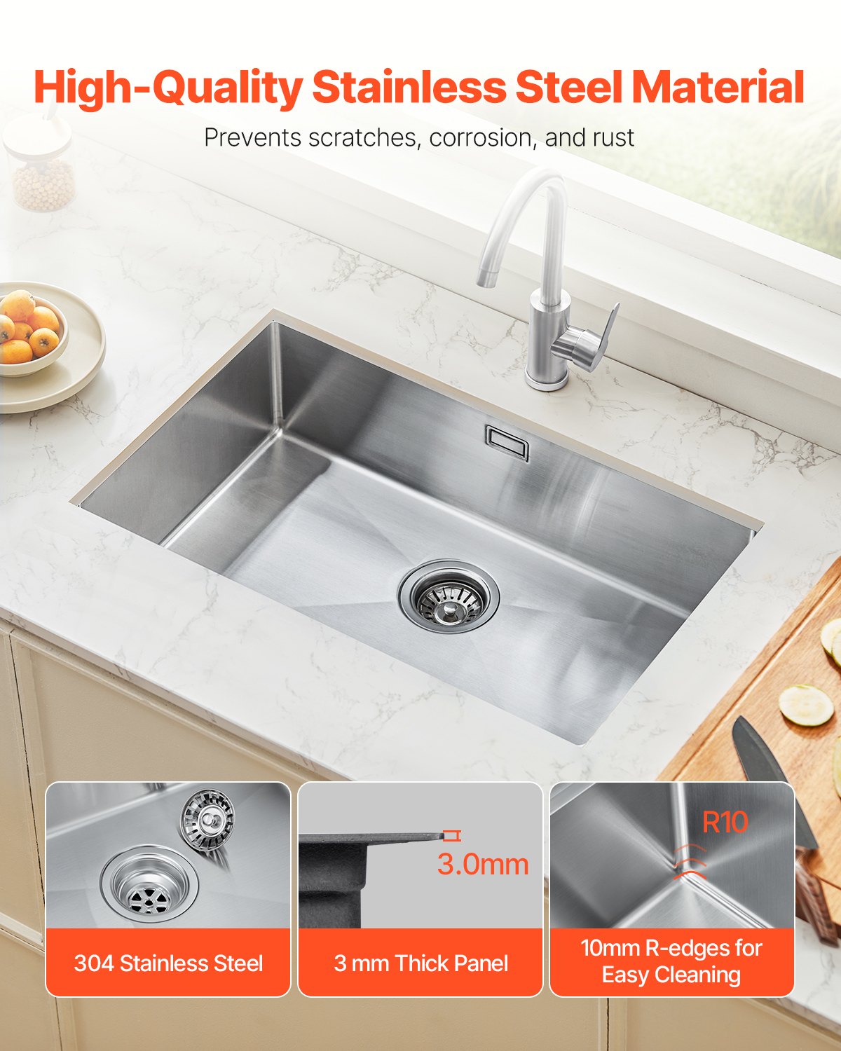 VEVOR Stainless Steel Kitchen Sink 76 cm, Single Bowl, Undermount or Top Mount, Bar Style