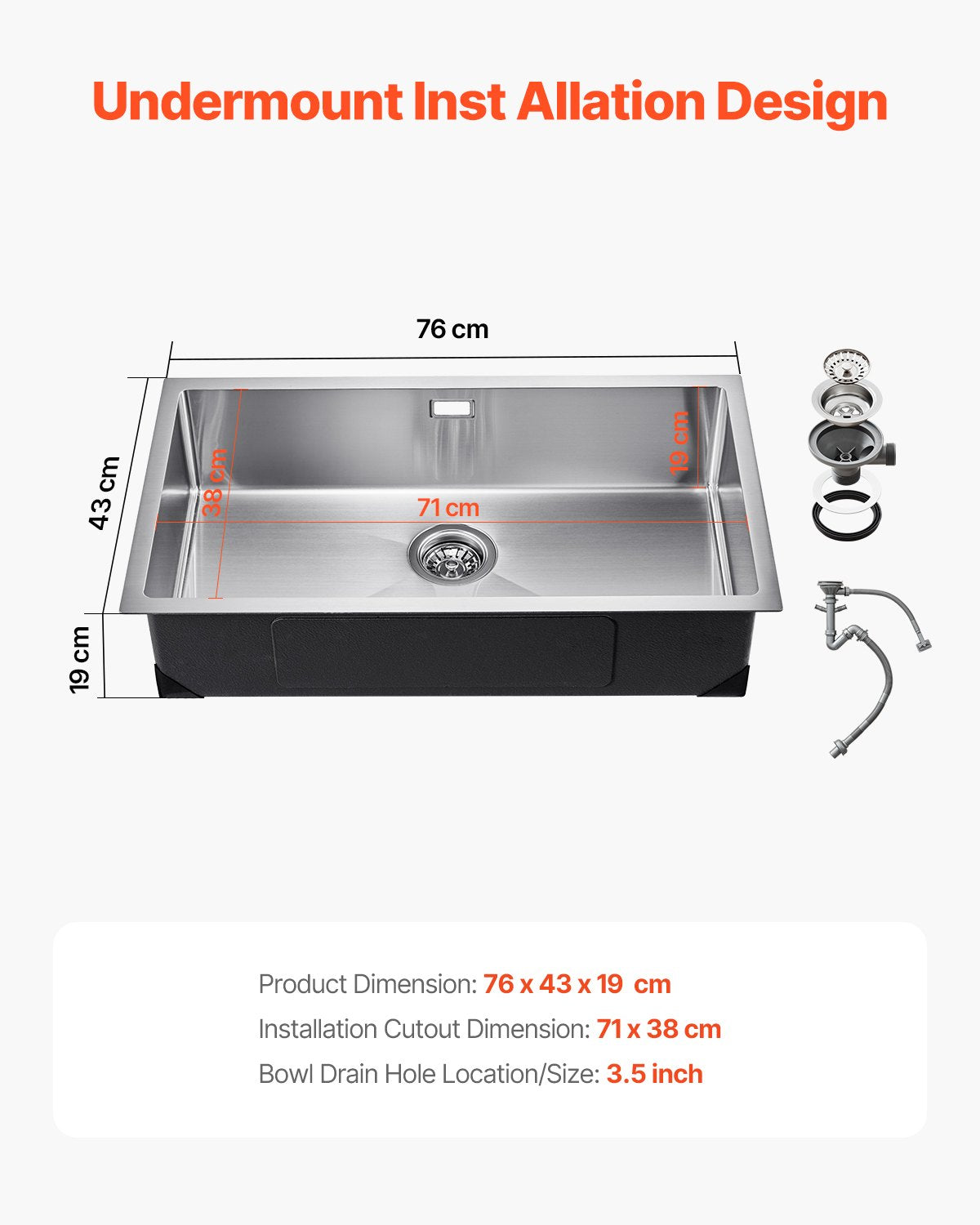 VEVOR Stainless Steel Kitchen Sink 76 cm, Single Bowl, Undermount or Top Mount, Bar Style