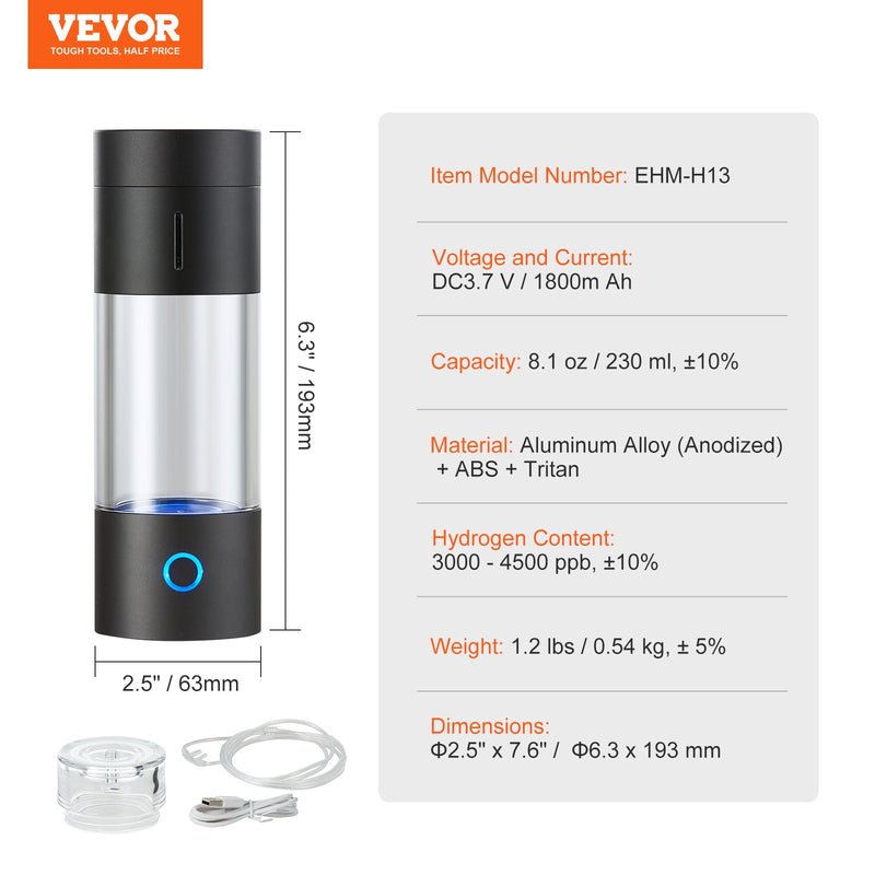 VEVOR pārnēsājamais ūdeņraža ūdens ģenerators, 230 ml | SPE tehnoloģija, bagātināts ūdeņraža jonizators ar deguna inhalācijas cauruli un pašattīrīšanās funkciju