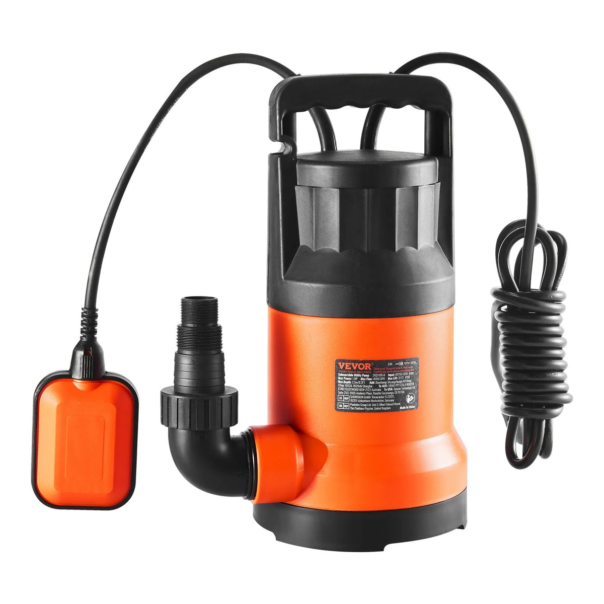VEVOR iegremdējamais drenāžas sūknis 700 W, plūsma līdz 15 700 l/h, pacelšanas augstums līdz 10 m