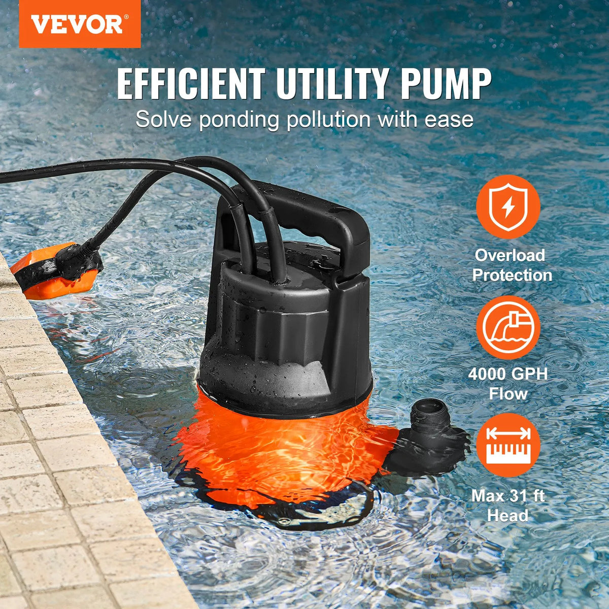 VEVOR iegremdējamais drenāžas sūknis 700 W, plūsma līdz 15 700 l/h, pacelšanas augstums līdz 10 m