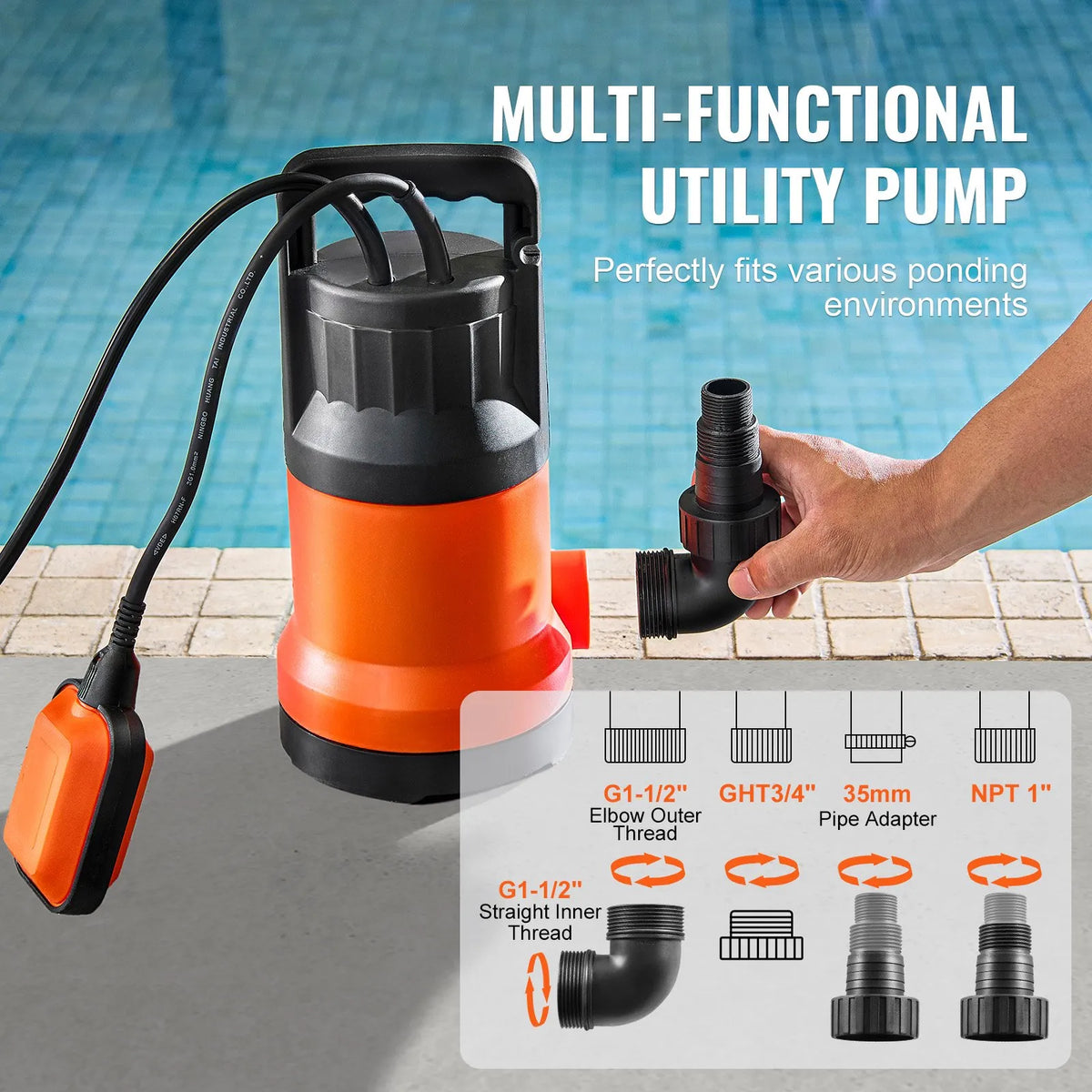 VEVOR iegremdējamais drenāžas sūknis 700 W, plūsma līdz 15 700 l/h, pacelšanas augstums līdz 10 m