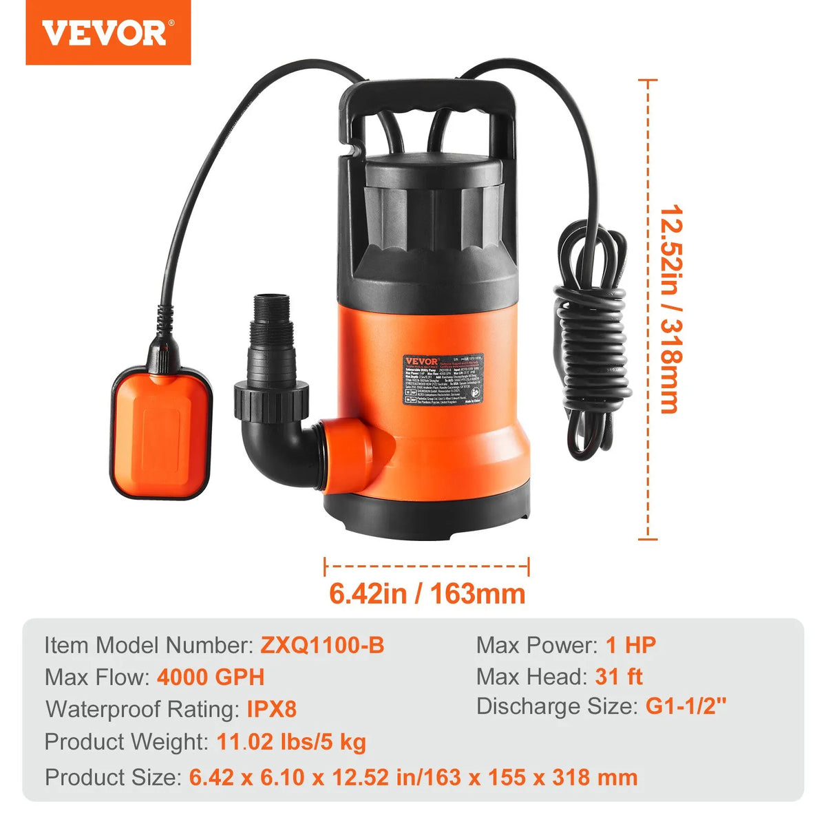 VEVOR iegremdējamais drenāžas sūknis 700 W, plūsma līdz 15 700 l/h, pacelšanas augstums līdz 10 m