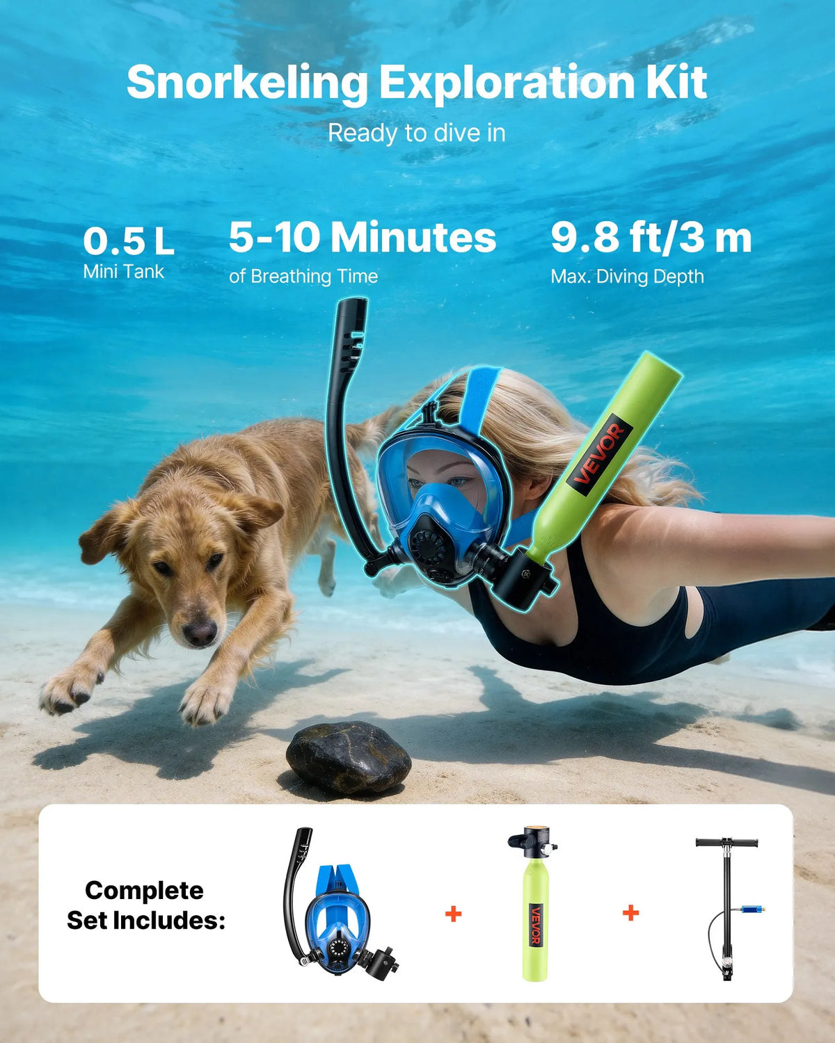 VEVOR mini sukeldumisballoon 0,5 l täisnäomaski ja pumbaga, 5–10 min, kuni 3 m
