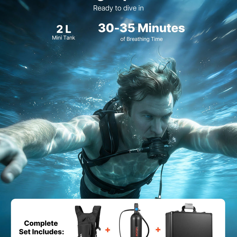 VEVOR mini niršanas balons 2 L, pārnēsājams niršanas balons zemūdens elpošanai, atkārtoti lietojams plaušu niršanas cilindrs līdz 35 minūšu niršanai, avārijas glābšanas pony balons ar mugursomu un futrāli snorkelēšanai