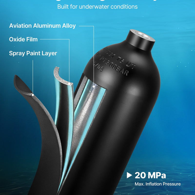 VEVOR mini niršanas balons 2 L, pārnēsājams niršanas balons zemūdens elpošanai, atkārtoti lietojams plaušu niršanas cilindrs līdz 35 minūšu niršanai, avārijas glābšanas pony balons ar mugursomu un futrāli snorkelēšanai