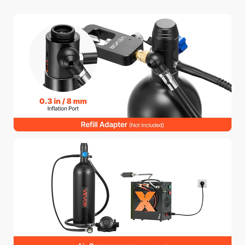 VEVOR mini niršanas balons 2 L, pārnēsājams niršanas balons zemūdens elpošanai, atkārtoti lietojams plaušu niršanas cilindrs līdz 35 minūšu niršanai, avārijas glābšanas pony balons ar mugursomu un futrāli snorkelēšanai