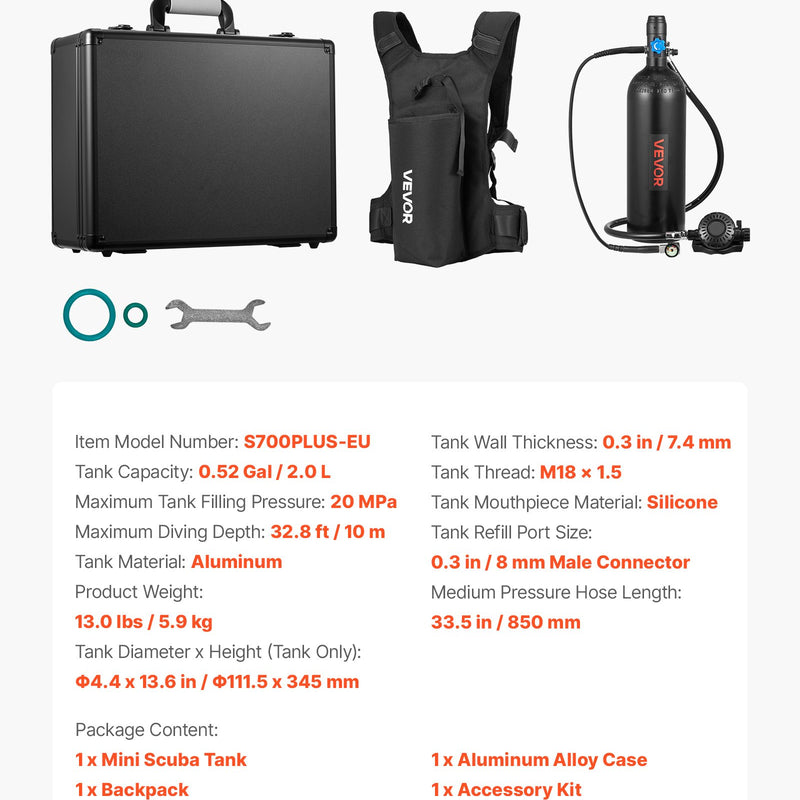 VEVOR mini niršanas balons 2 L, pārnēsājams niršanas balons zemūdens elpošanai, atkārtoti lietojams plaušu niršanas cilindrs līdz 35 minūšu niršanai, avārijas glābšanas pony balons ar mugursomu un futrāli snorkelēšanai