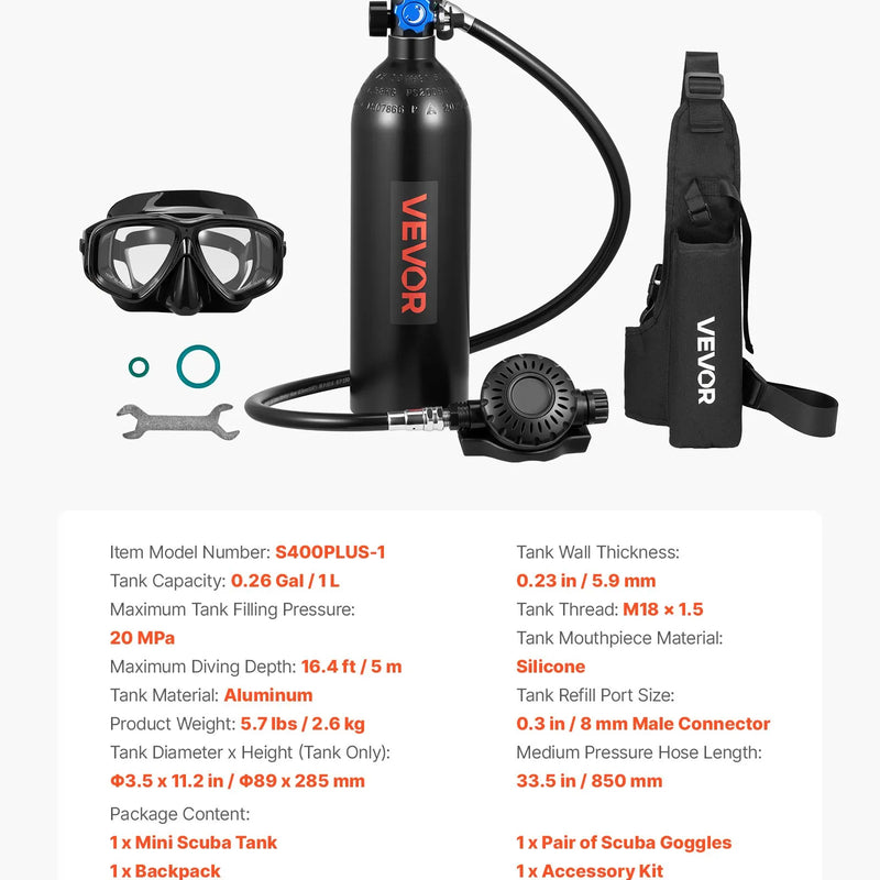 VEVOR mini niršanas balons 1 L, pārnēsājams niršanas balons zemūdens elpošanai, atkārtoti lietojams plaušu niršanas cilindrs līdz 20 minūšu niršanai, avārijas glābšanas mazais balons ar mugursomu un aizsargbrillēm snorkelēšanai
