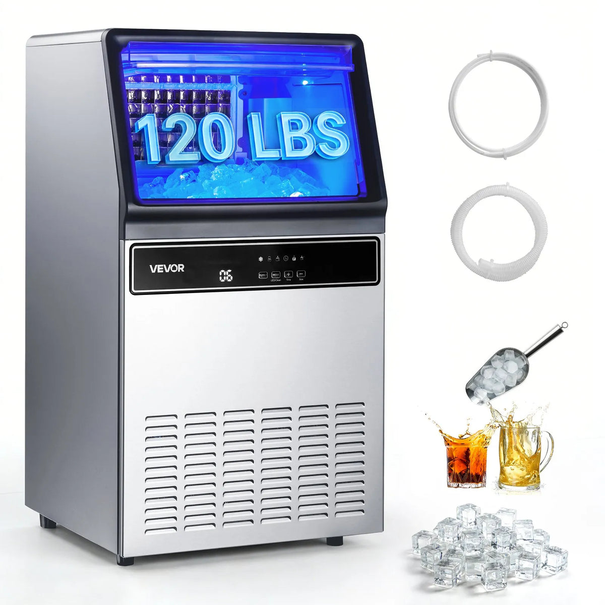 VEVOR komerciālais ledus ģenerators 59 kg/24 h ar 15 kg uzglabāšanas ietilpību, 45 kubiņi ciklā, nerūsējošā tērauda brīvi stāvošs vai iebūvējams ar LED displeju un pašattīrīšanos, piemērots mājai, bāram un restorānam - ZEMLETES.LV