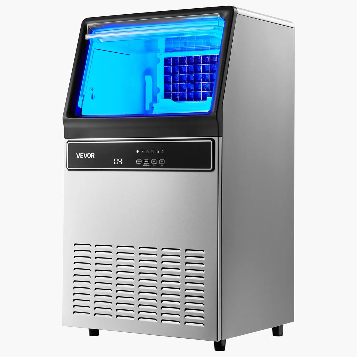 VEVOR komerciālais ledus ģenerators 59 kg/24 h ar 15 kg uzglabāšanas ietilpību, 45 kubiņi ciklā, nerūsējošā tērauda brīvi stāvošs vai iebūvējams ar LED displeju un pašattīrīšanos, piemērots mājai, bāram un restorānam - ZEMLETES.LV
