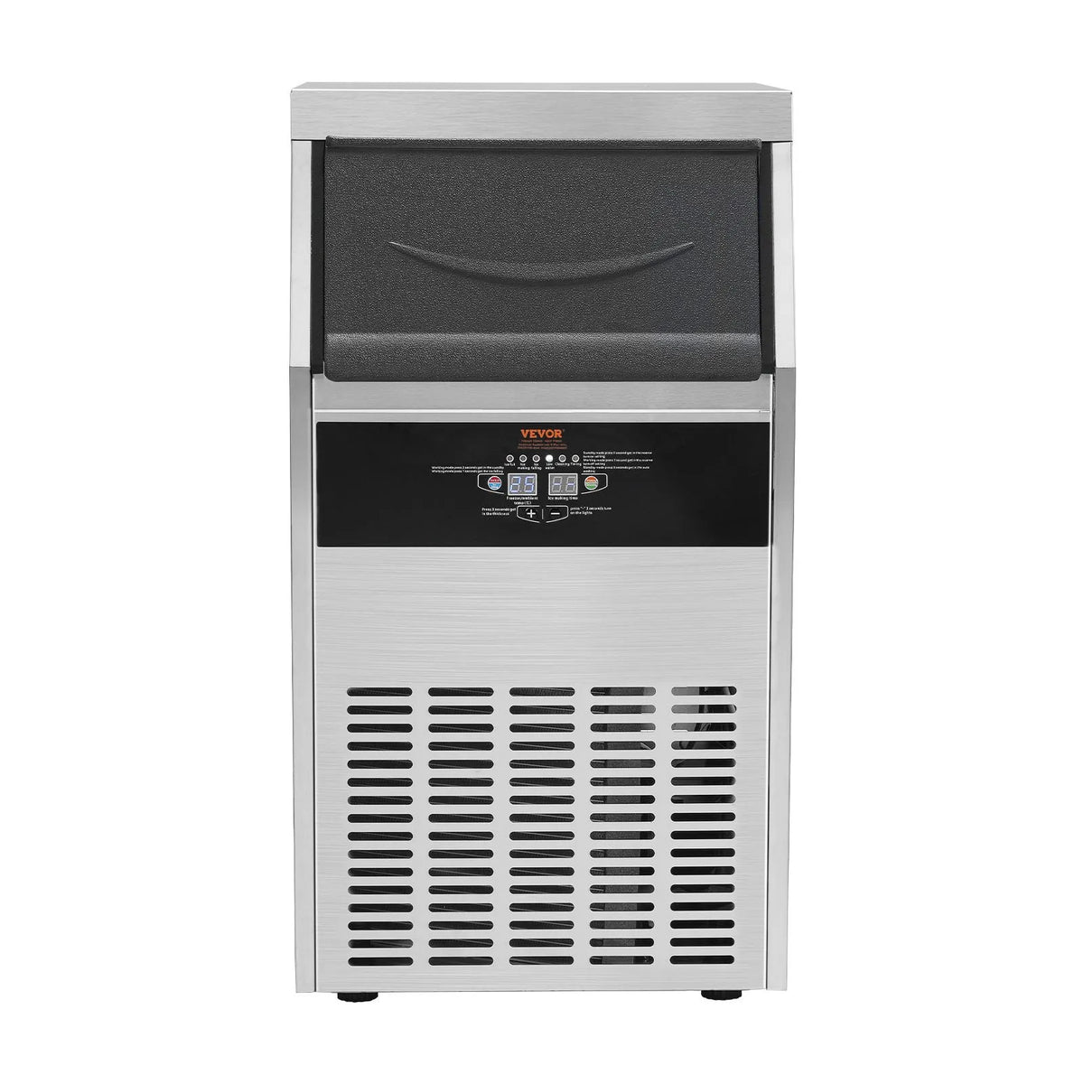 VEVOR komerciālais ledus ģenerators 45,4 kg/24 h ar 15 kg uzglabāšanas ietilpību, 50 kubiņi 12–15 minūtēs, brīvi stāvošs ar LED digitālo displeju, piemērots bāram, mājai, birojam un restorānam - ZEMLETES.LV
