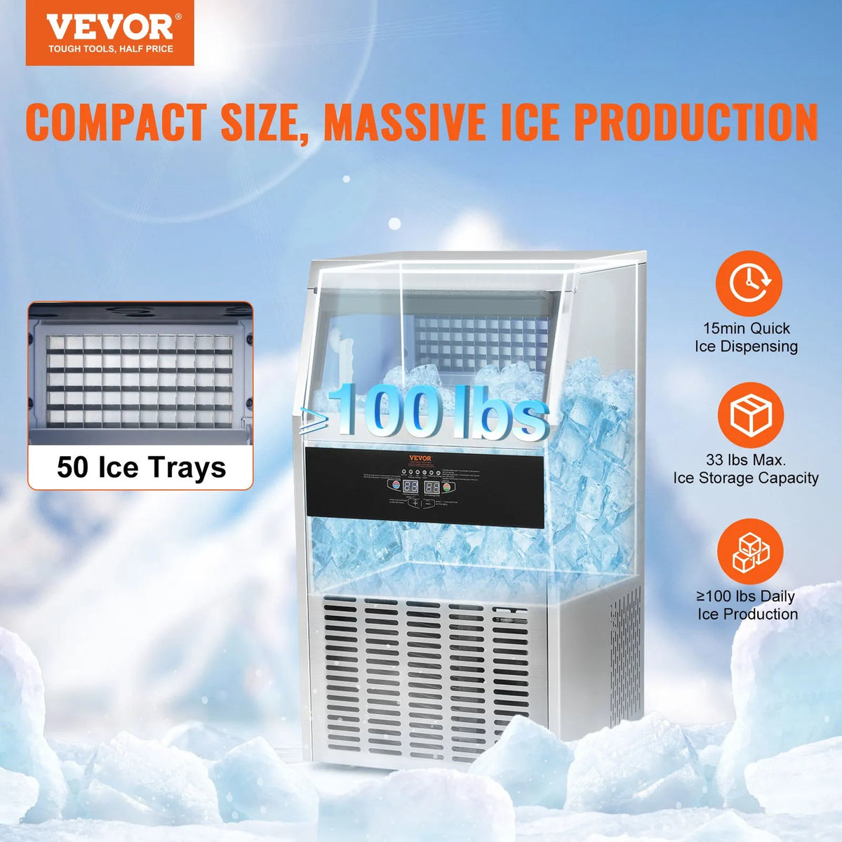 VEVOR komerciālais ledus ģenerators 45,4 kg/24 h ar 15 kg uzglabāšanas ietilpību, 50 kubiņi 12–15 minūtēs, brīvi stāvošs ar LED digitālo displeju, piemērots bāram, mājai, birojam un restorānam - ZEMLETES.LV
