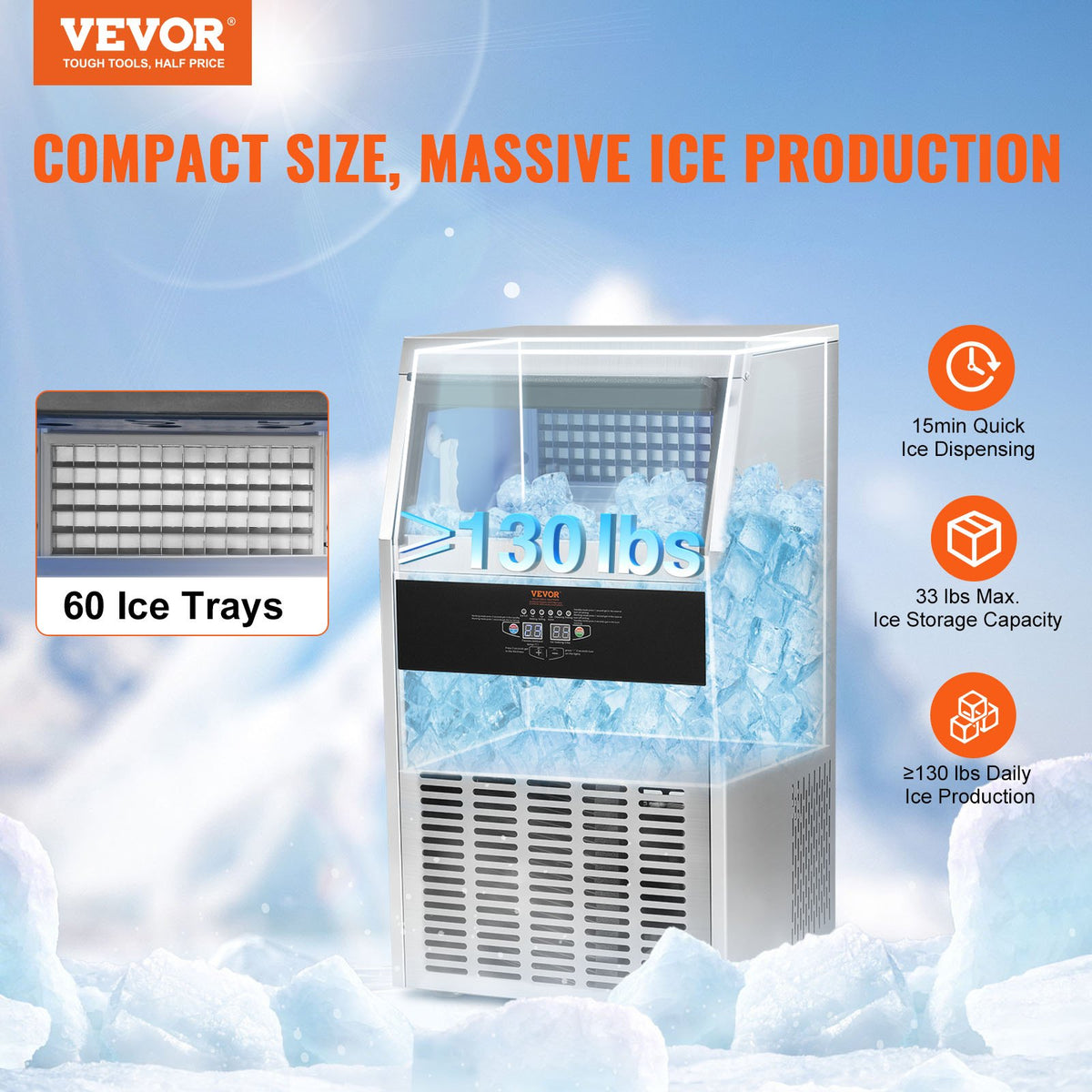 VEVOR Commercial Ice Maker 130 kg/24 h, 60 Cubes per Cycle