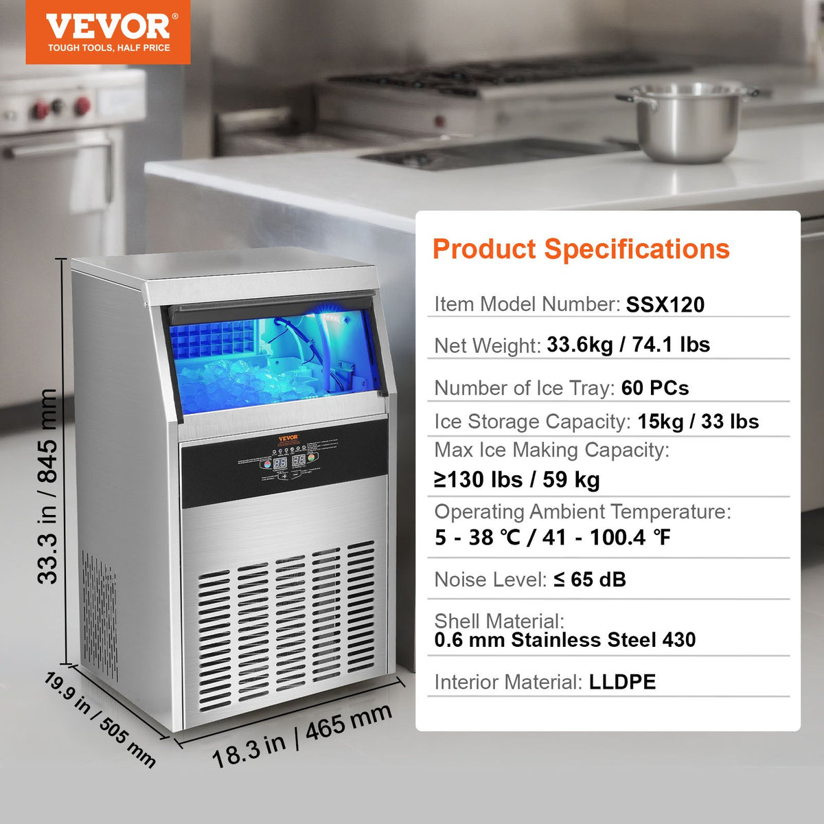 VEVOR Commercial Ice Maker 130 kg/24 h, 60 Cubes per Cycle