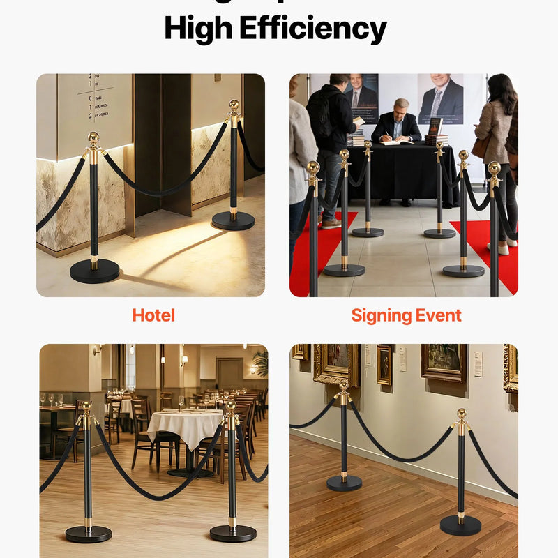 VEVOR barjeras stabi 8 gab., rindas organizēšanas sistēma ar 6 melnām samta virvēm, izturīgi nerūsējošā tērauda stabi ar dobu pamatni, piemēroti teātriem, pasākumiem, kāzām un izstādēm