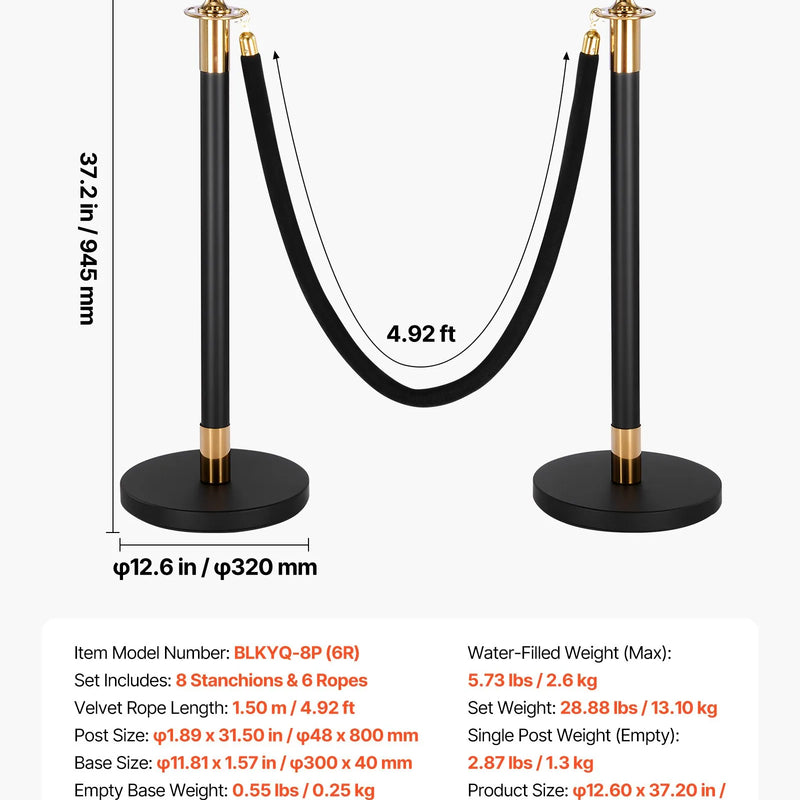 VEVOR barjeras stabi 8 gab., rindas organizēšanas sistēma ar 6 melnām samta virvēm, izturīgi nerūsējošā tērauda stabi ar dobu pamatni, piemēroti teātriem, pasākumiem, kāzām un izstādēm