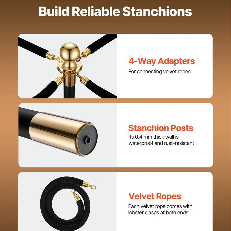 VEVOR barjeras stabi 4 gab., rindas organizēšanas sistēma ar 2 melnām samta virvēm, izturīgi nerūsējošā tērauda stabi ar dobu pamatni, piemēroti teātriem, pasākumiem, kāzām un izstādēm